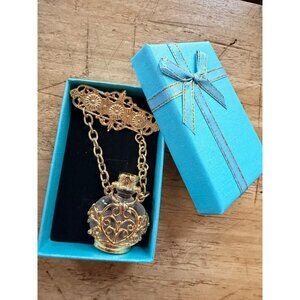 Vintage Gold Filigree Perfume Bottle Brooch Pin With Chain & Crystal Accents